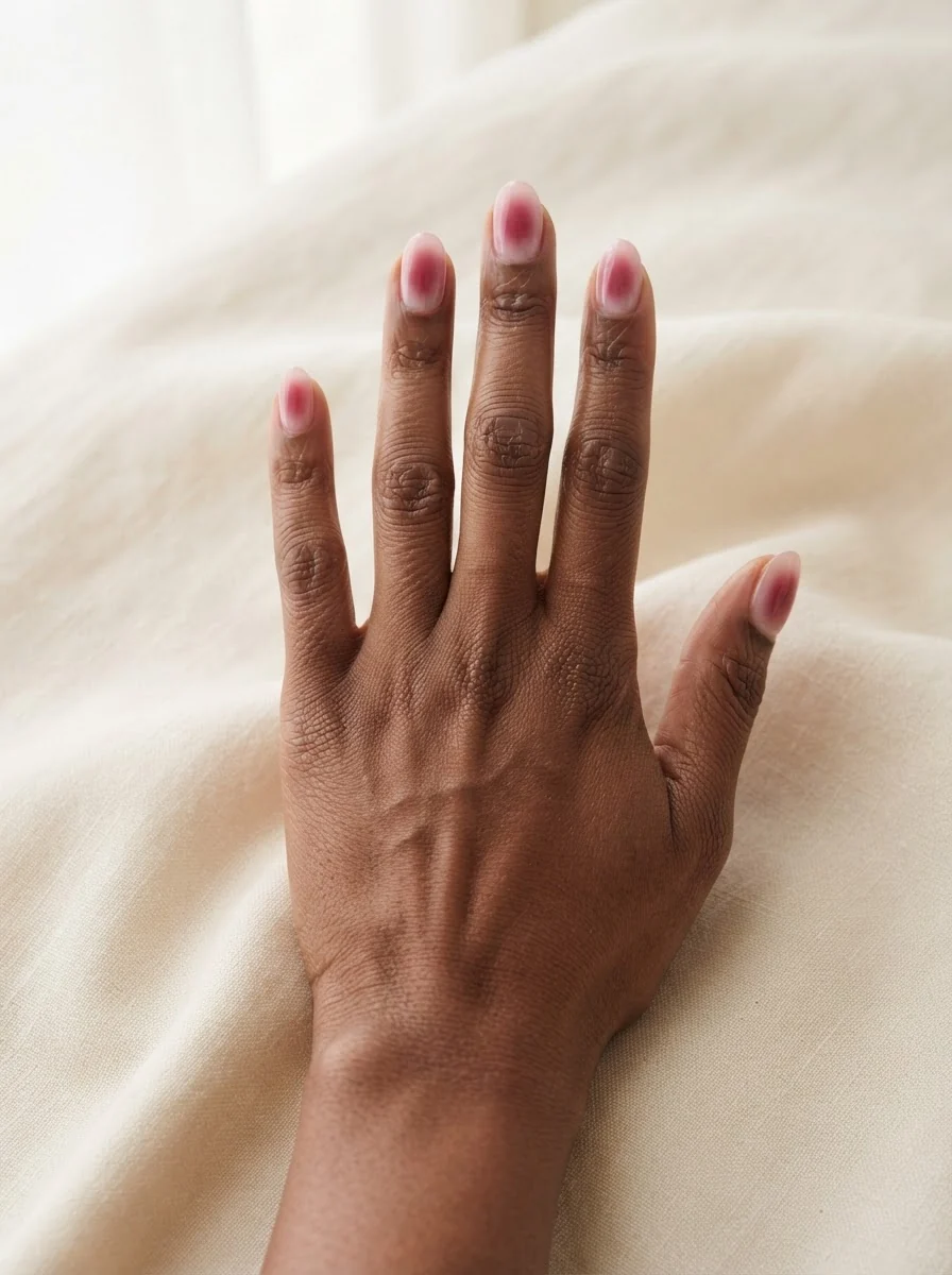 Mittellange ovale Nägel mit weichem Verlauf von hellem Rosé am Rand zu kräftigerem Pink in der Mitte.