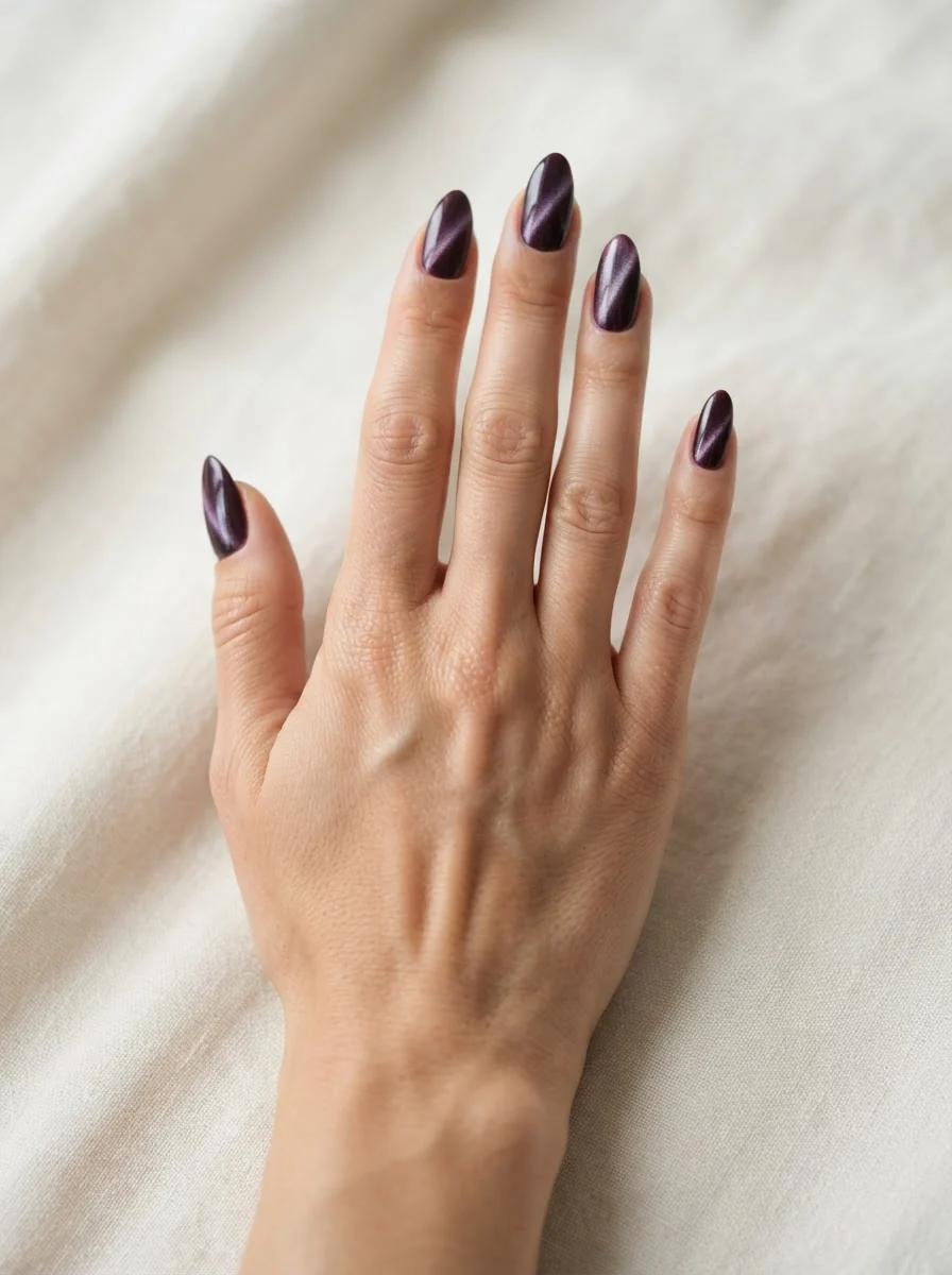 Lange mandelförmige Nägel mit dunkler Pflaumenbasis und feinem schrägem Cat-Eye-Schimmer.