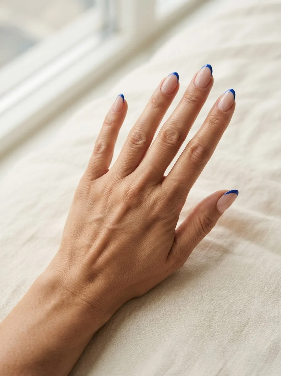 Mittellange mandelförmige Nägel mit transparenter Rosé-Basis und schmalen kobaltblauen Spitzen.