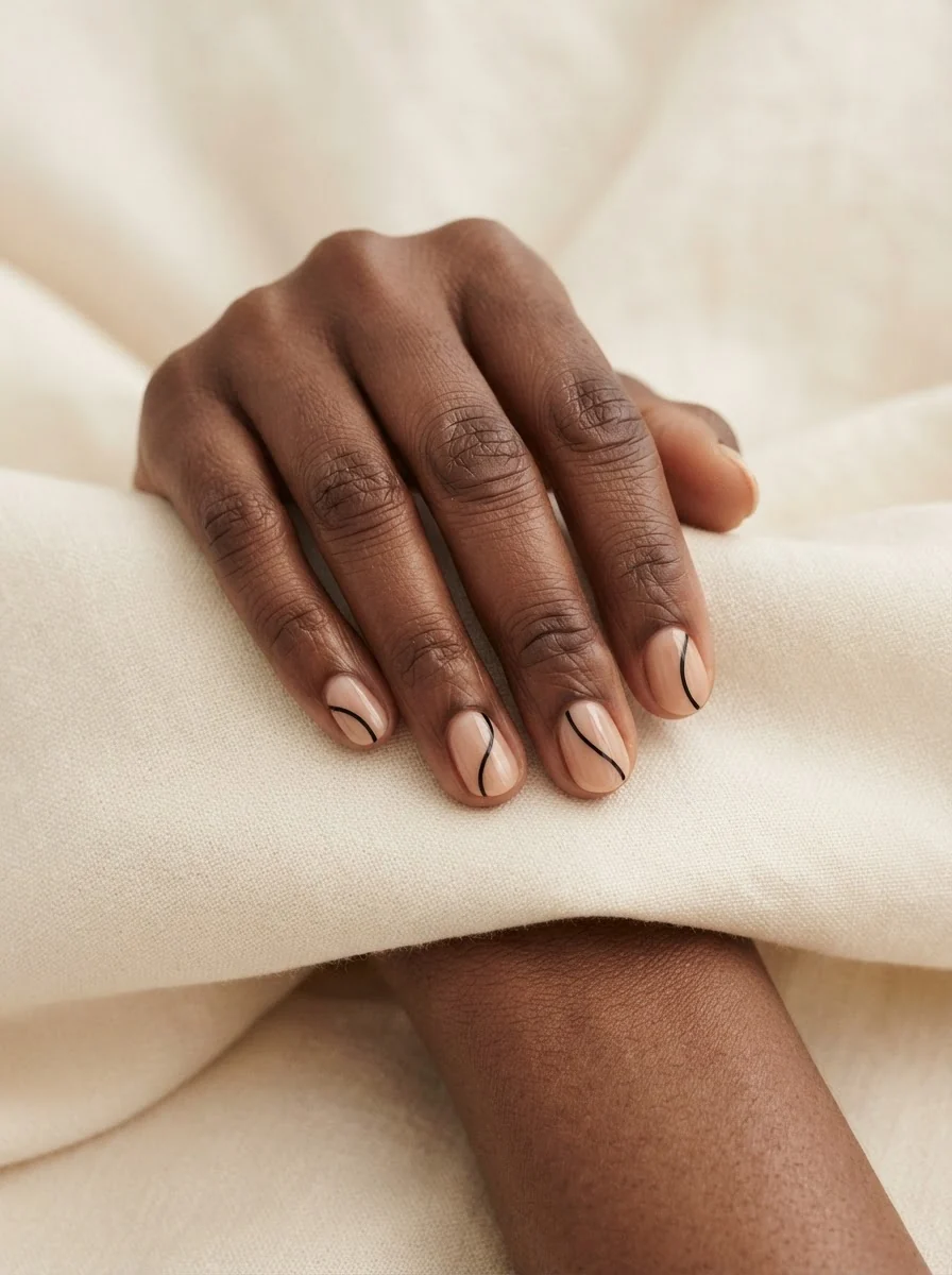 Kurze nude-transparente Nägel mit je einer feinen geschwungenen schwarzen Linie.