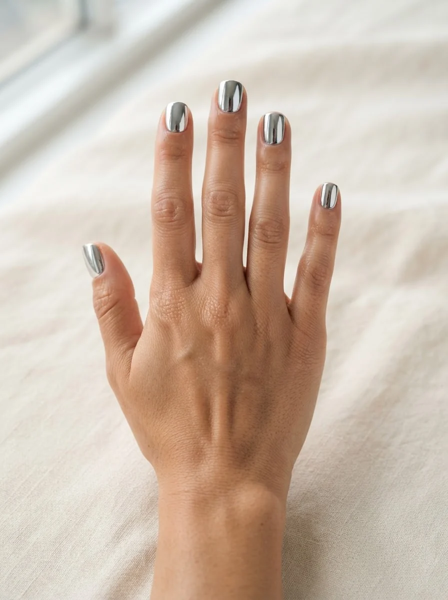 Kurze weich eckige Nägel mit reflektierendem silbernem Chrome-Finish.