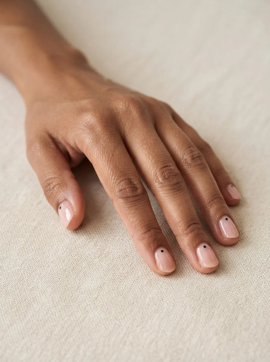 Kurze rosétransparente Nägel mit je einem kleinen schwarzen Punkt nahe dem Ansatz.