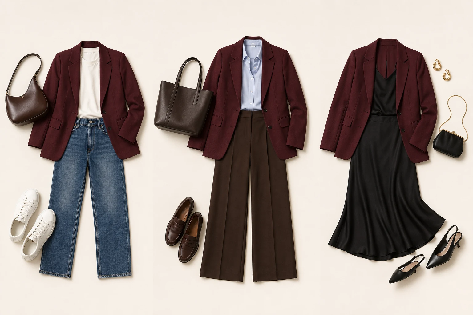 Bordeauxfarbener Blazer mit weißem T-Shirt, Jeans und weißen Sneakern.