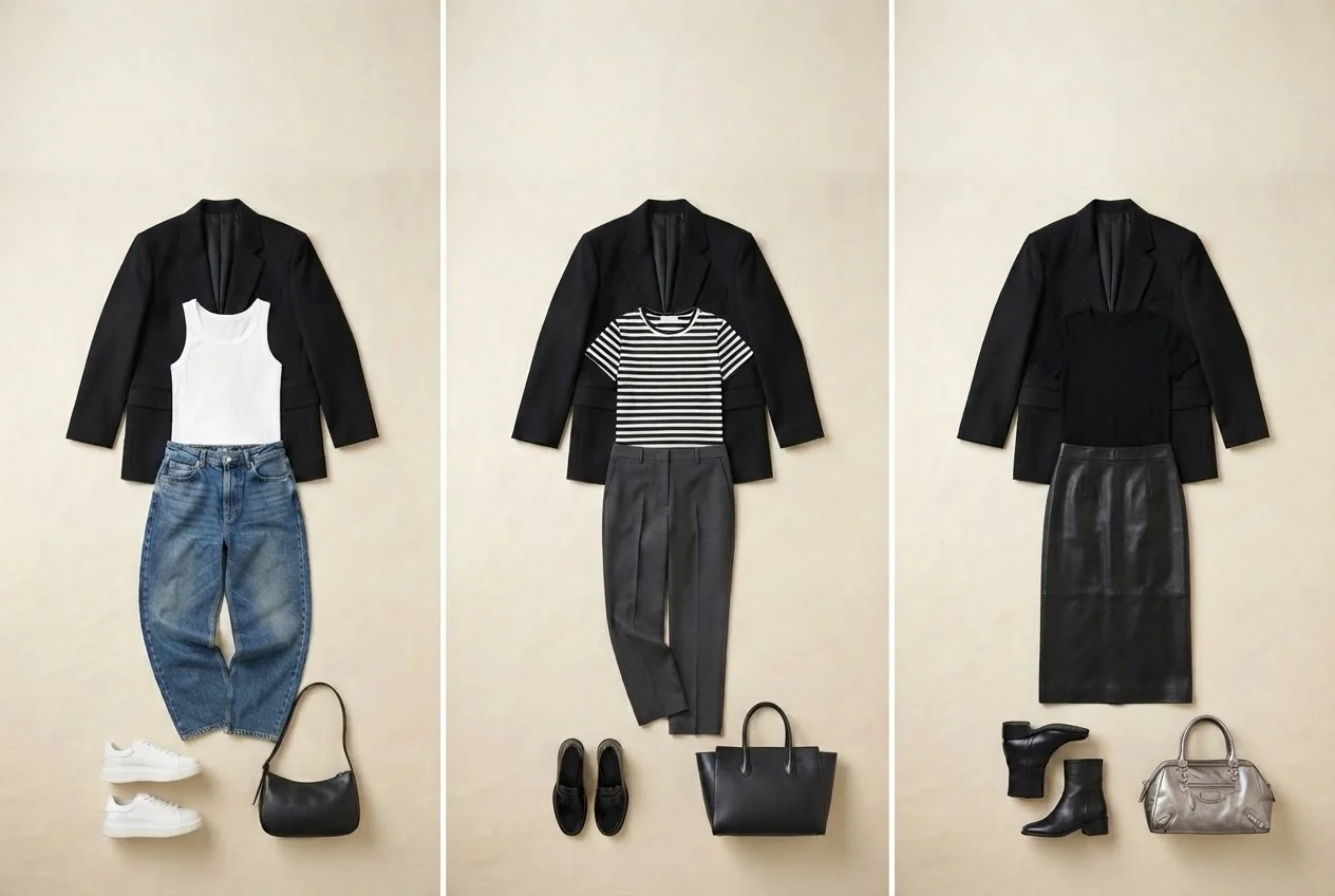 Ein weiter schwarzer Blazer trifft auf weißes Tanktop, Baggy-Jeans und weiße Sneaker.