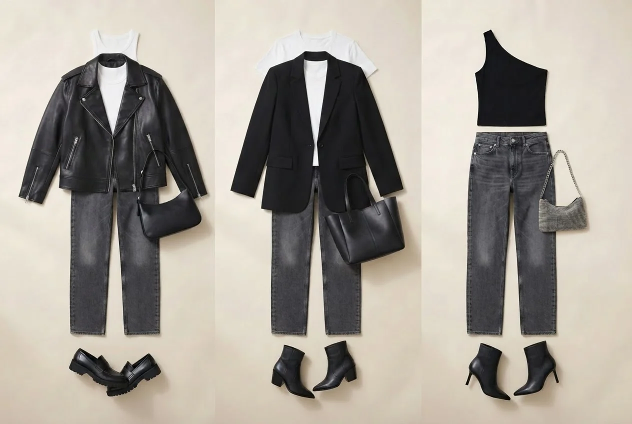 Verwaschene graue Jeans, weißes Tanktop, schwarze Lederjacke und kräftige Loafer.