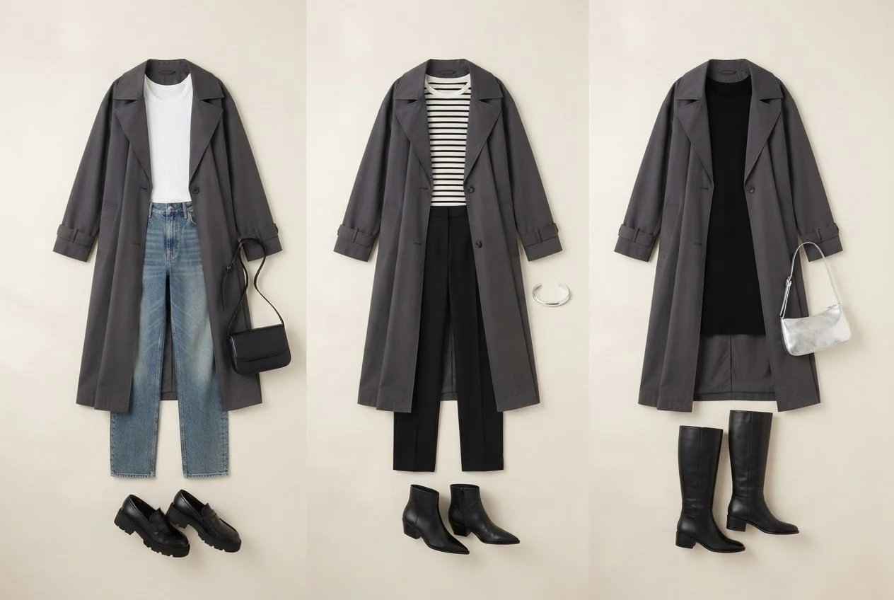 Ein anthrazitfarbener Trenchcoat rahmt ein weißes T-Shirt, verwaschene Jeans und schwarze Loafer.
