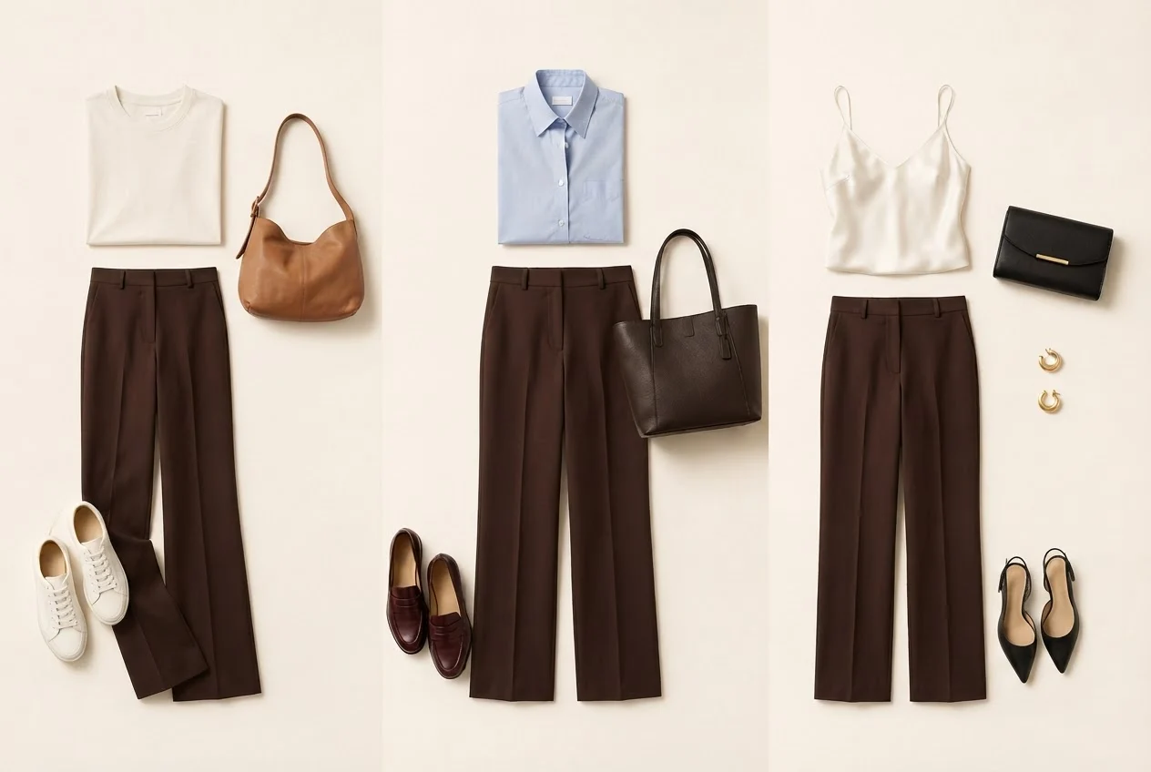 Braune weite Stoffhose mit cremefarbenem T-Shirt, weißen Sneakern und weicher brauner Tasche.