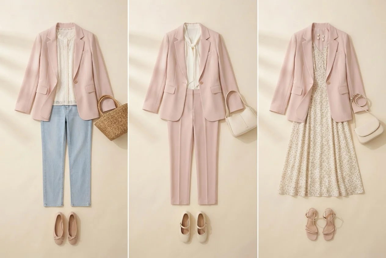 Roséfarbener Blazer, blickdichte cremefarbene Bluse mit Spitzenstruktur und helle Jeans.