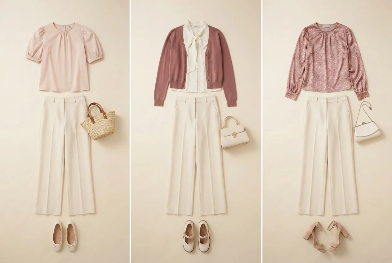Cremefarbene weite Hose mit blickdichter roséfarbener Bluse und kleinen Puffärmeln.