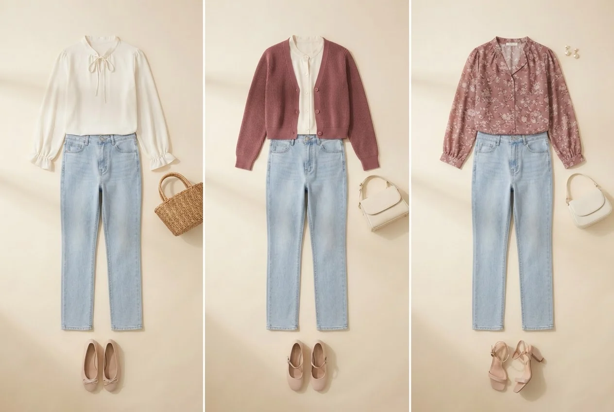 Hellblaue Jeans mit elfenbeinfarbener Bluse, kleinen Schleifen-Details und roséfarbenen Ballerinas.