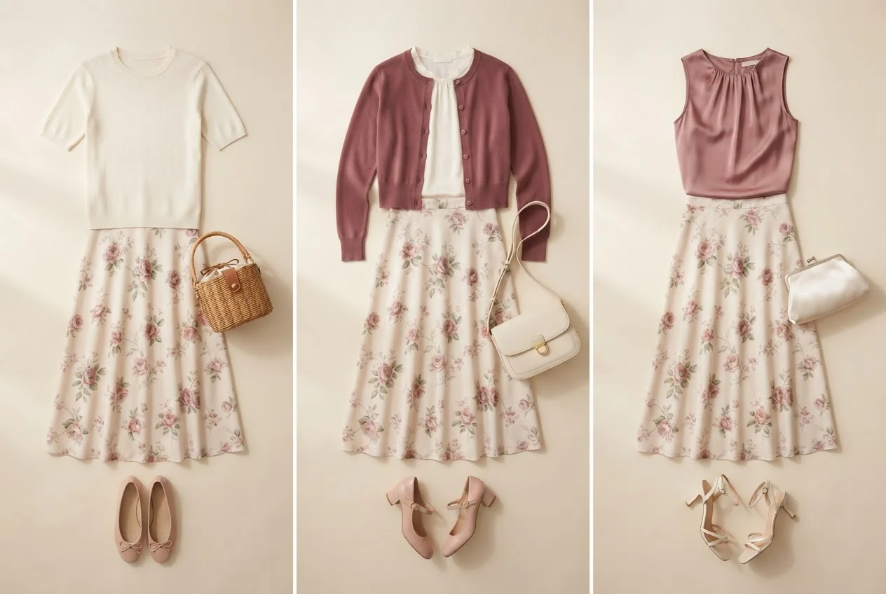 Ein heller Midirock mit zartem Rosenmuster, cremefarbenes Stricktop und roséfarbene Ballerinas.