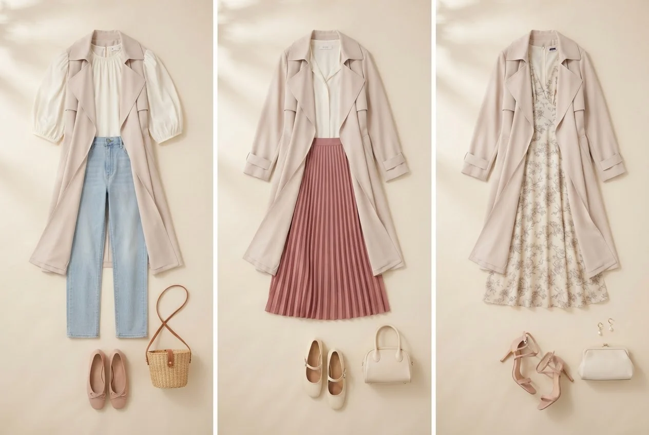 Ein weich fallender beiger Trenchcoat mit heller Puffärmelbluse, hellblauer Jeans und Ballerinas.