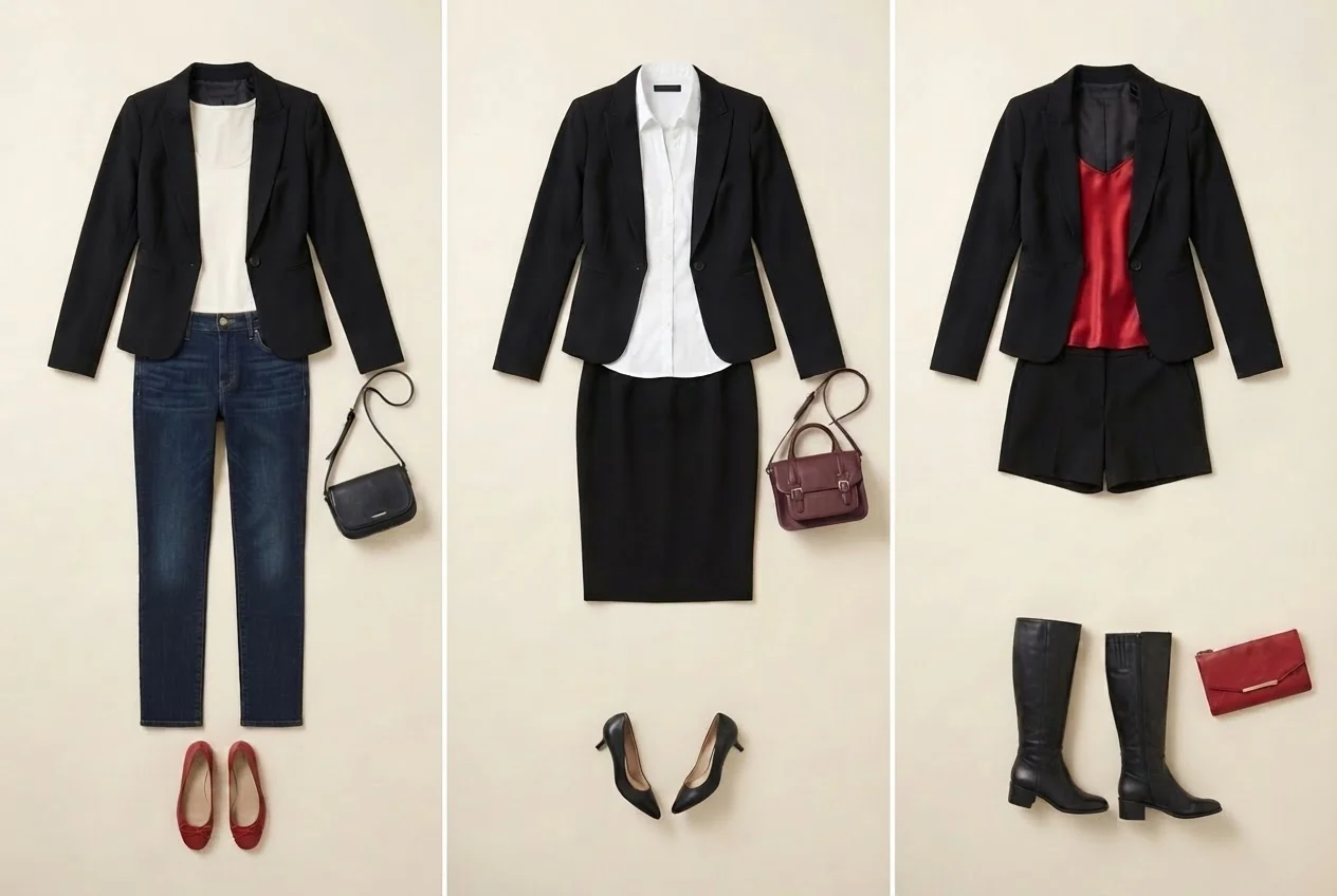 Ein taillierter schwarzer Blazer begleitet ein elfenbeinfarbenes Top, dunkle Jeans und rote Ballerinas.