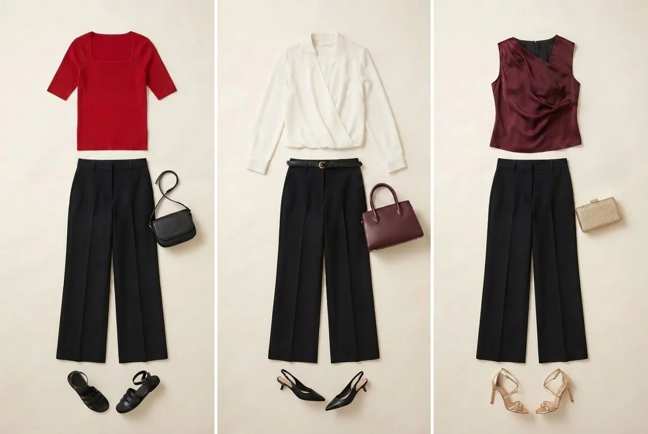 Weite schwarze Hose mit rotem Stricktop mit eckigem Ausschnitt und flachen Sandalen.