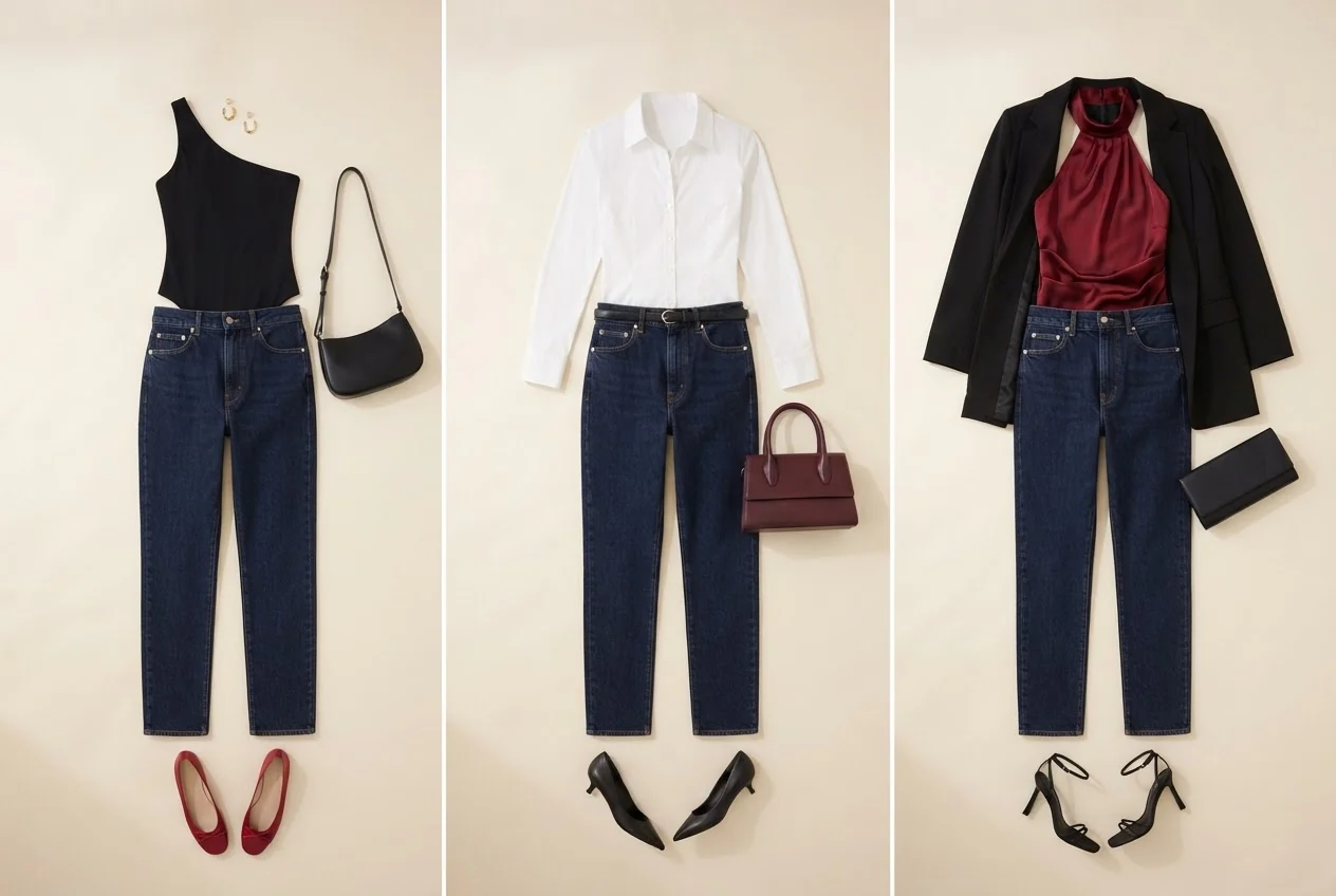 Dunkle Jeans mit blickdichtem One-Shoulder-Body, roten Ballerinas und kleiner schwarzer Tasche.