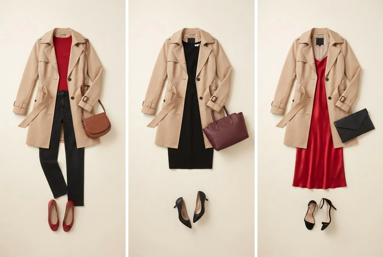 Beiger Trenchcoat, rotes Top und dunkle Jeans mit roten Ballerinas.