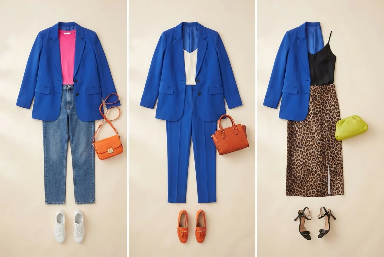 Kobaltblauer Blazer, schwarzes Top und Leoparden-Midirock mit einer kleinen limettengrünen Tasche.