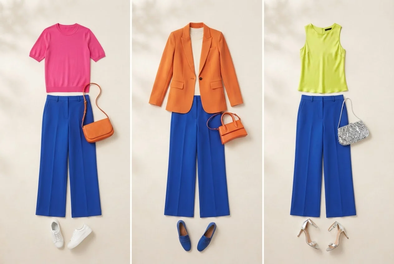 Kobaltblaue weite Hose mit pinkem Stricktop, weißen Sneakern und orangefarbener Tasche.