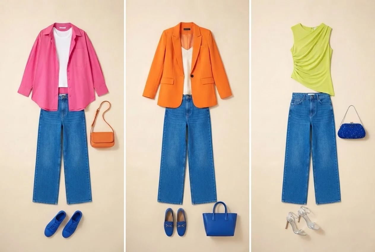 Weite blaue Jeans mit kräftig pinker Hemdbluse, kobaltblauen Sneakern und orangefarbener Tasche.