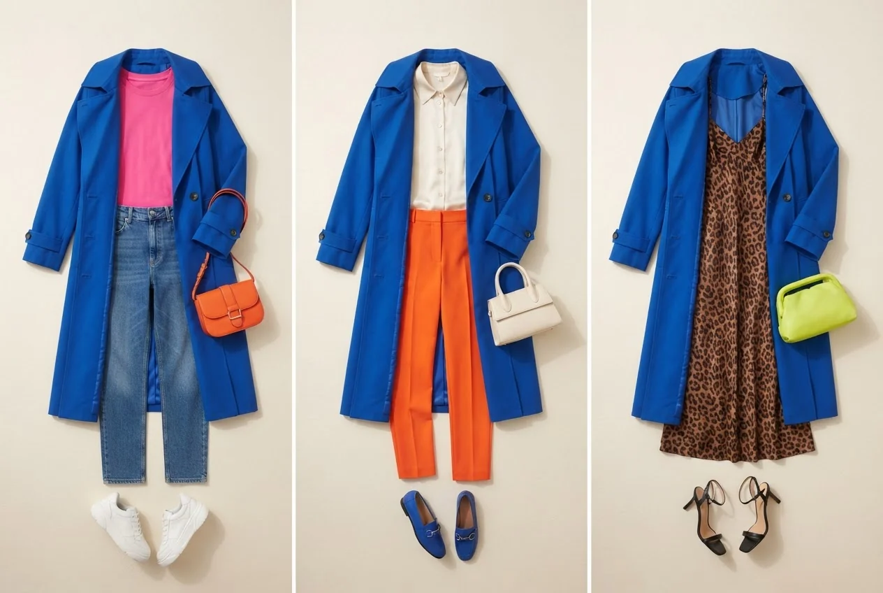 Ein kobaltblauer Trenchcoat mit pinkem T-Shirt, blauer Jeans und weißen Sneakern.