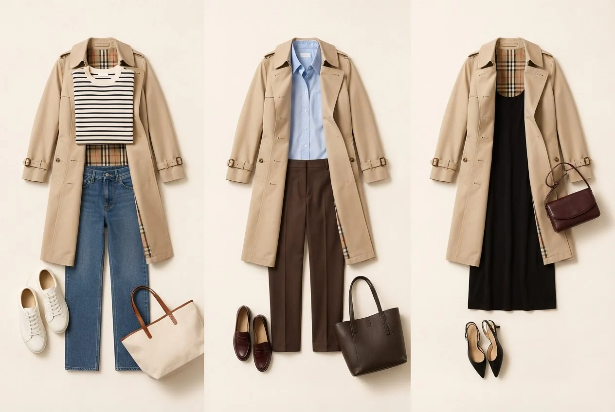 Beiger offener Trenchcoat mit Streifenshirt, blauer Jeans, weißen Sneakern und heller Tasche.
