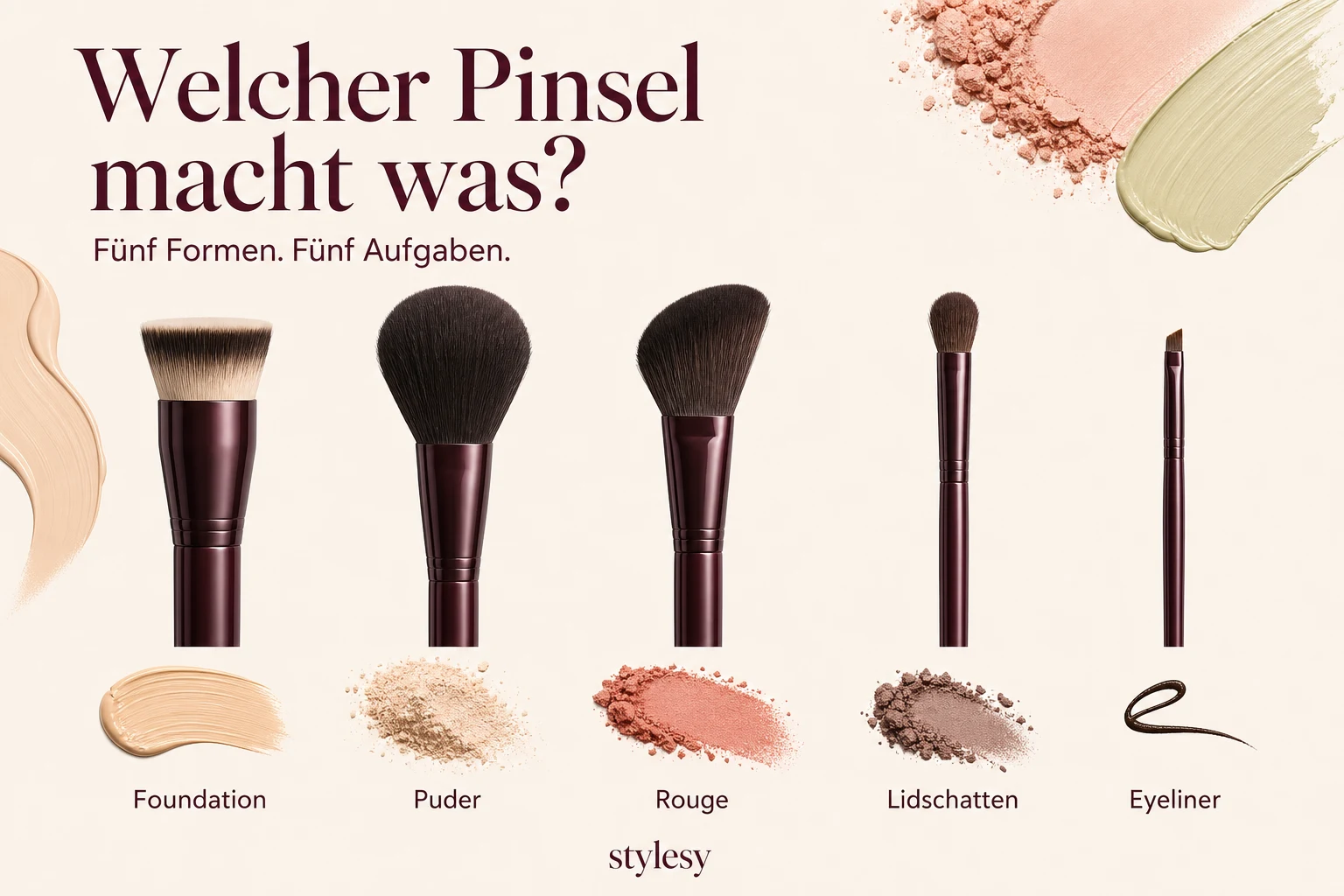Fünf typische Make-up-Pinselformen mit ihren Aufgaben: Foundation, Puder, Rouge, Lidschatten und Eyeliner