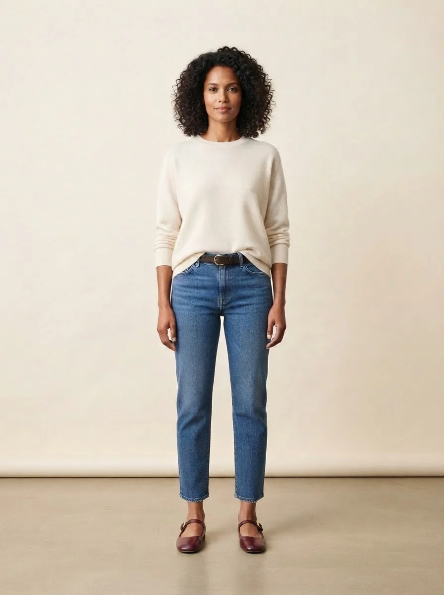 Jeans und cremefarbener Pulli, kombiniert mit Mary Janes