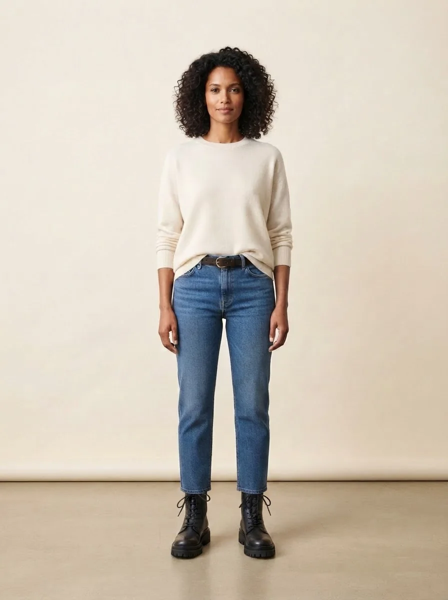 Jeans und cremefarbener Pulli, kombiniert mit Schnürboots
