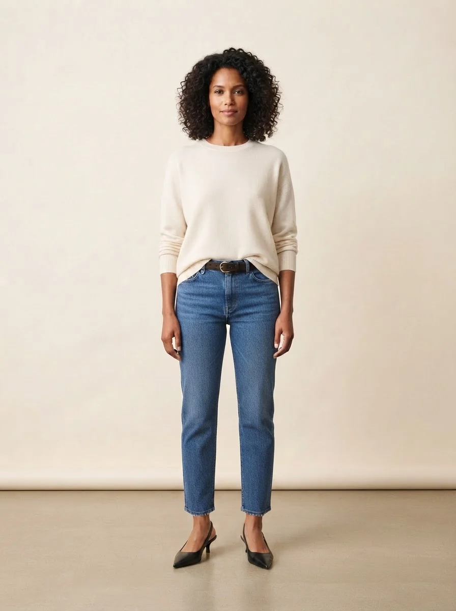 Jeans und cremefarbener Pulli, kombiniert mit Spitze Slingbacks