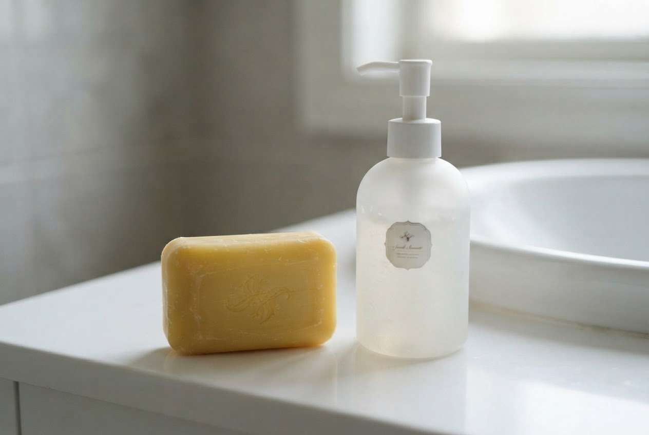 A bar of conventional soap next to a pump bottle of mild facial cleanser on a bathroom counter.