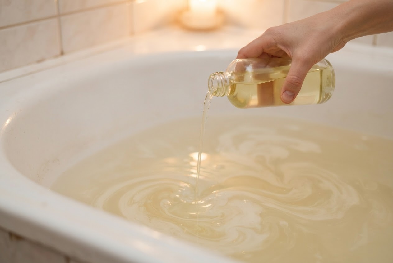 A bathtub with milky water, a hand pouring a clear oil solution from a bottle into the water.