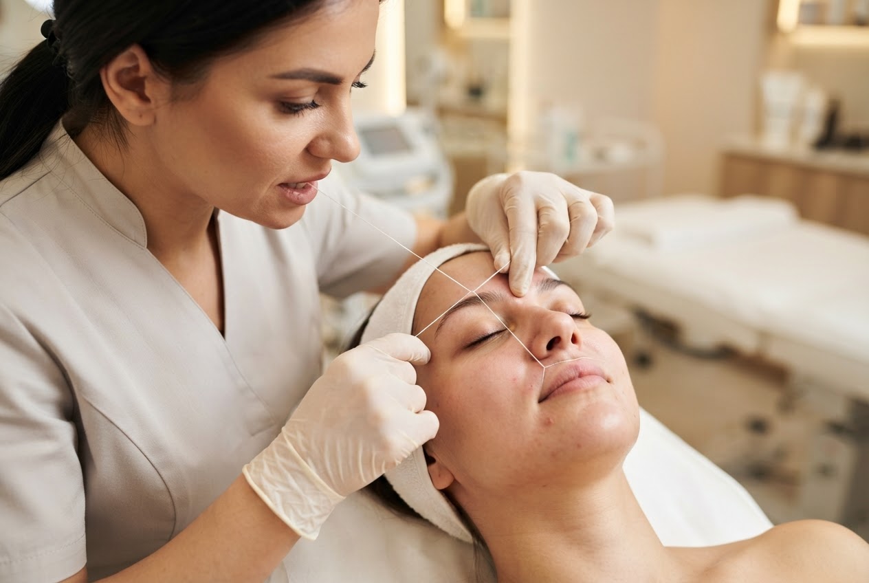 A beautician in a clean studio threads a client's upper lip, holding a twisted cotton thread between her teeth and hands.