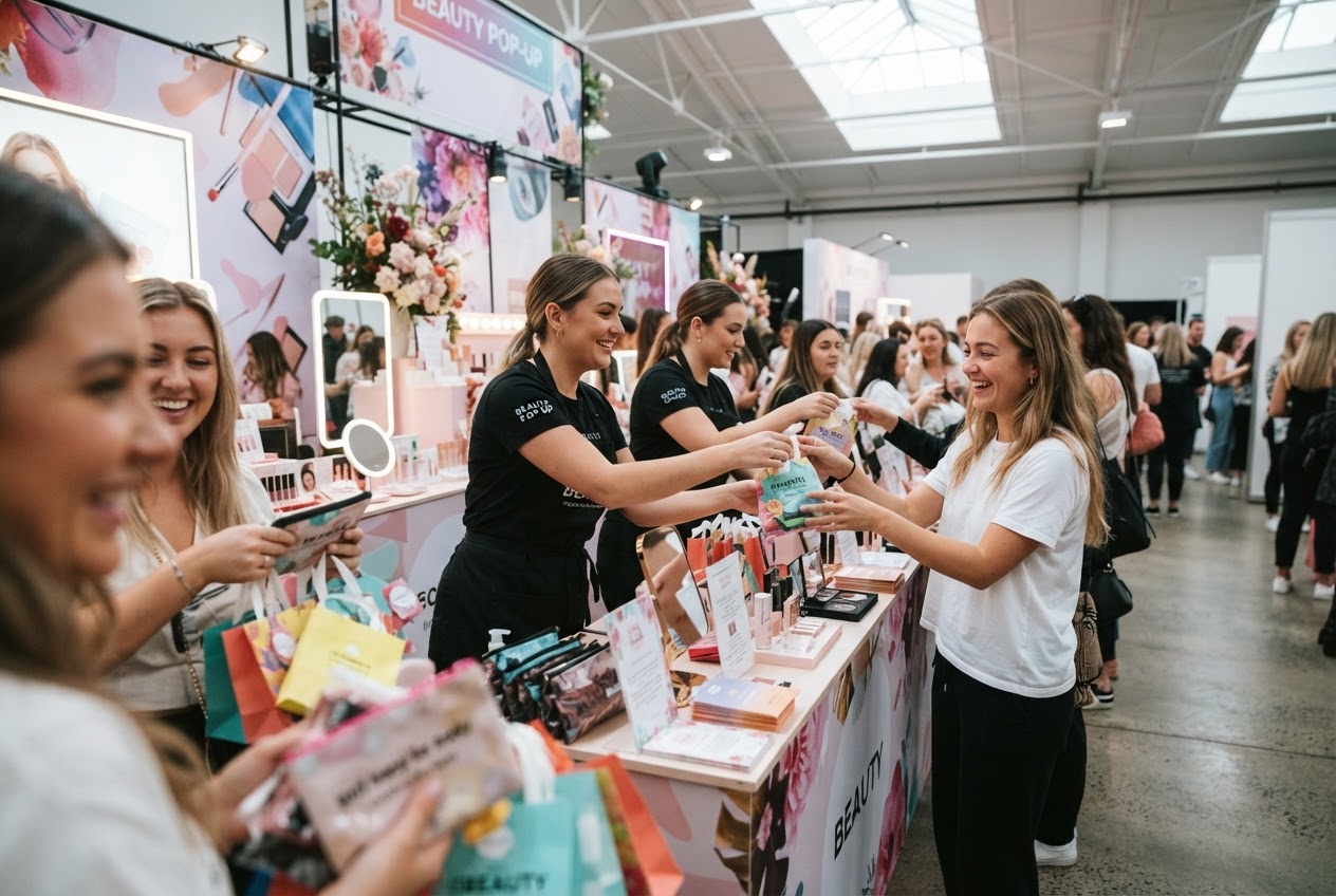 Visitors receiving small sample bags at a beauty event booth