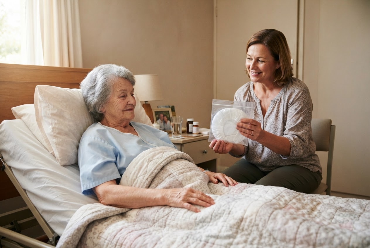 A caregiver holds a shampoo cap next to a bedridden person lying in bed, illustrating the challenge of hair washing without water.