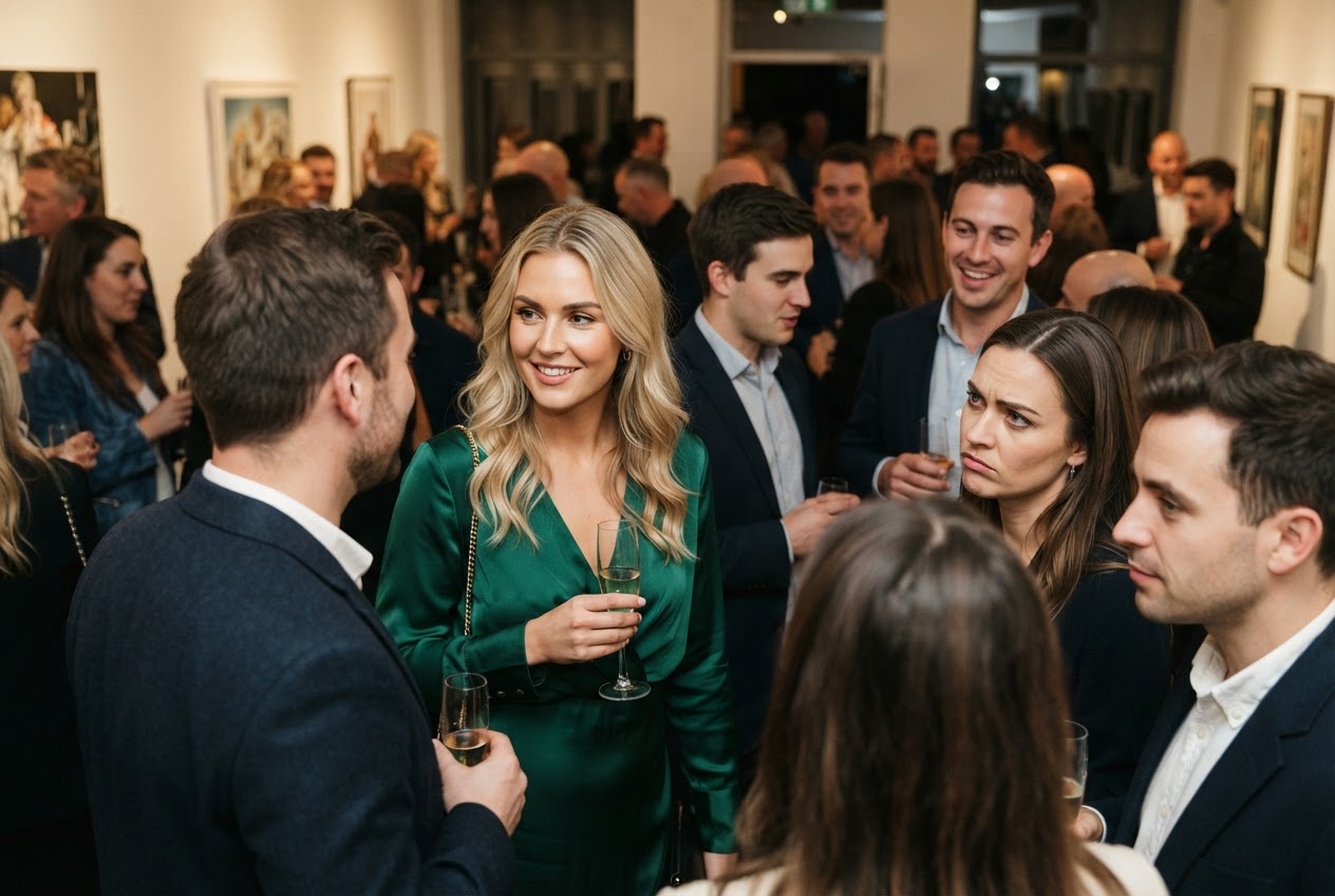 A woman with blonde hair at a party, with some people looking at her with admiration and others with skepticism.