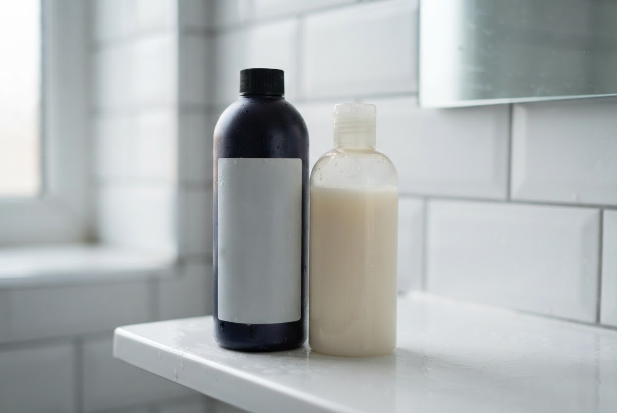 A bottle of hair dye and a bottle of shampoo on a bathroom shelf, with a warning sign.