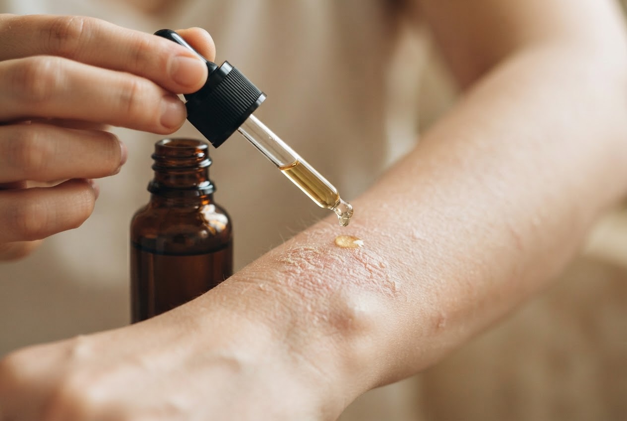 A bottle of Linola Fett Nachtkerzenöl with a dropper, a drop of oil on a finger, and a patch of rough skin on the arm.