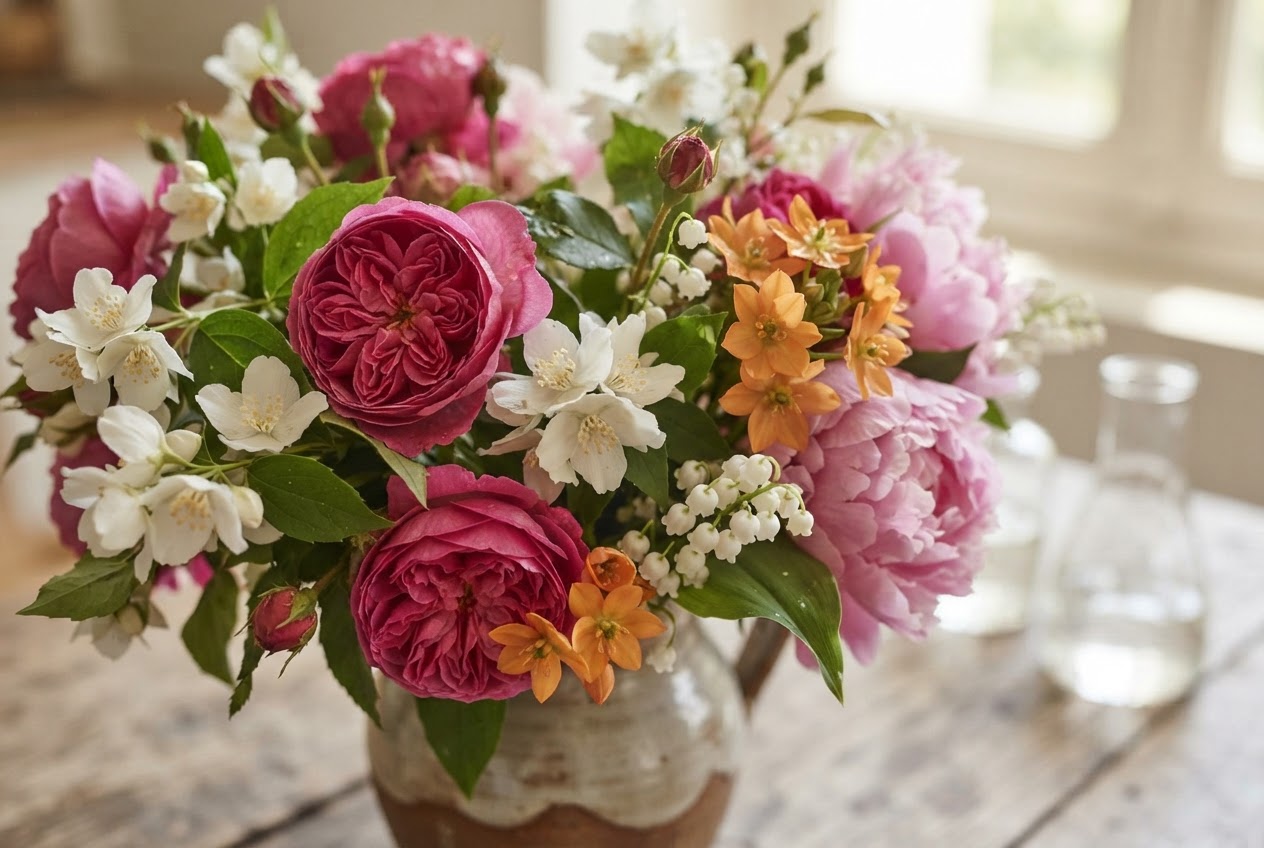 A bouquet of roses, jasmine, peony, and other flowers.