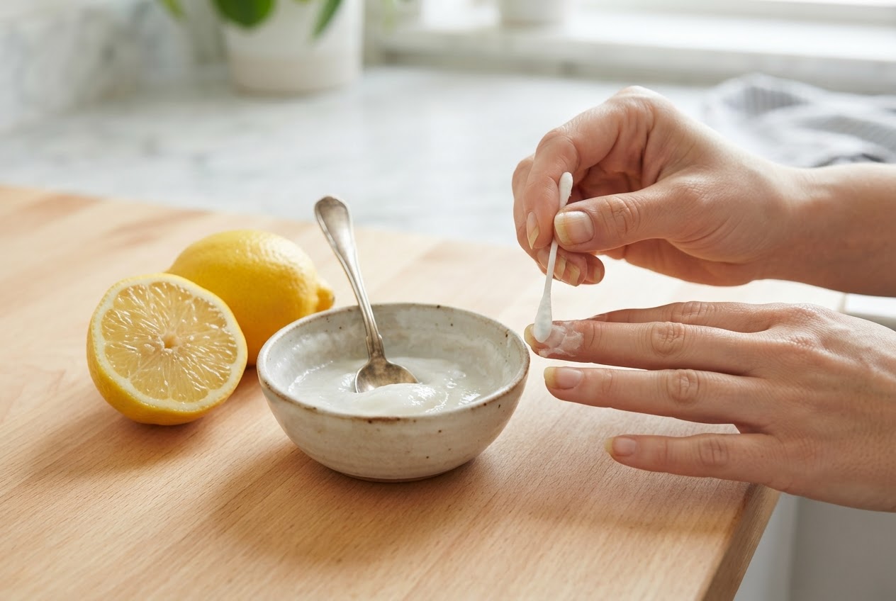 A small bowl with a paste made of lemon juice and baking soda, a cotton swab, and a hand applying it to nails.
