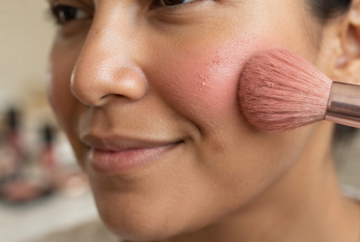 Applying blush to the highest point of the cheeks and blending it toward the temples.