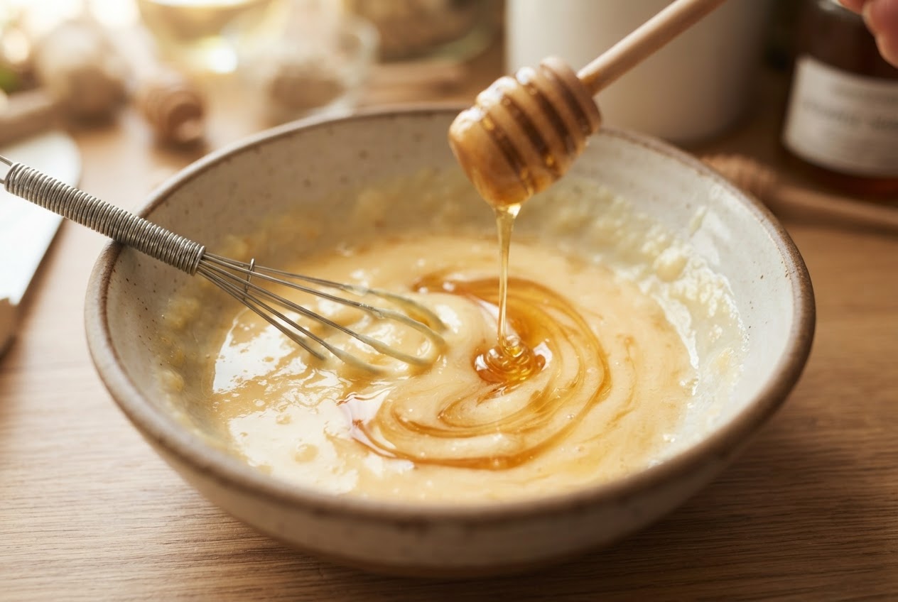 A bowl with beaten egg and honey, a whisk resting inside, honey drizzling from a spoon.