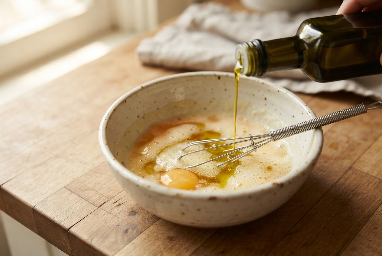 A bowl with beaten egg and olive oil, a whisk resting inside, olive oil being poured from a small bottle.