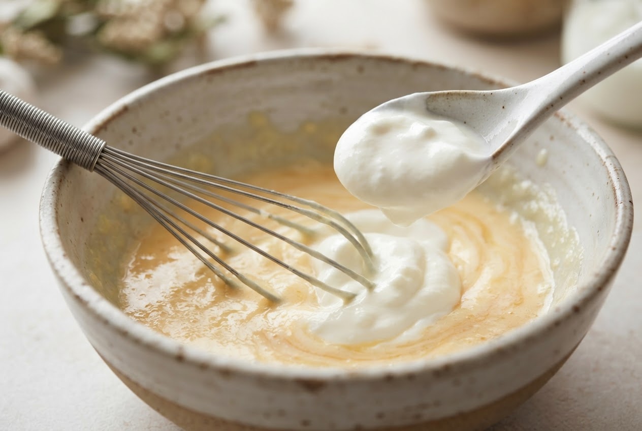 A bowl with beaten egg and yogurt, a whisk resting inside, a spoonful of yogurt being added.