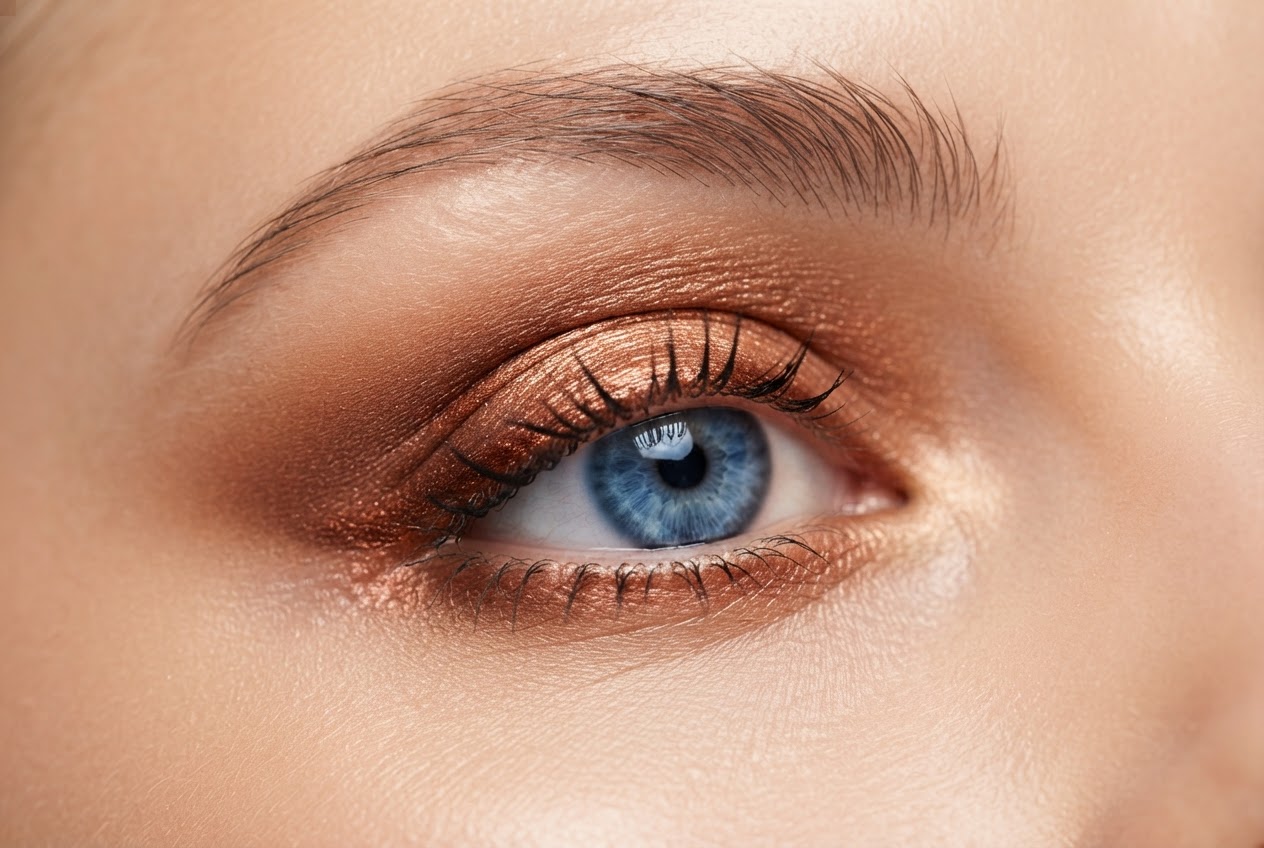Close-up of a blue eye with bronze and copper eyeshadow on the lid, giving a warm contrast.