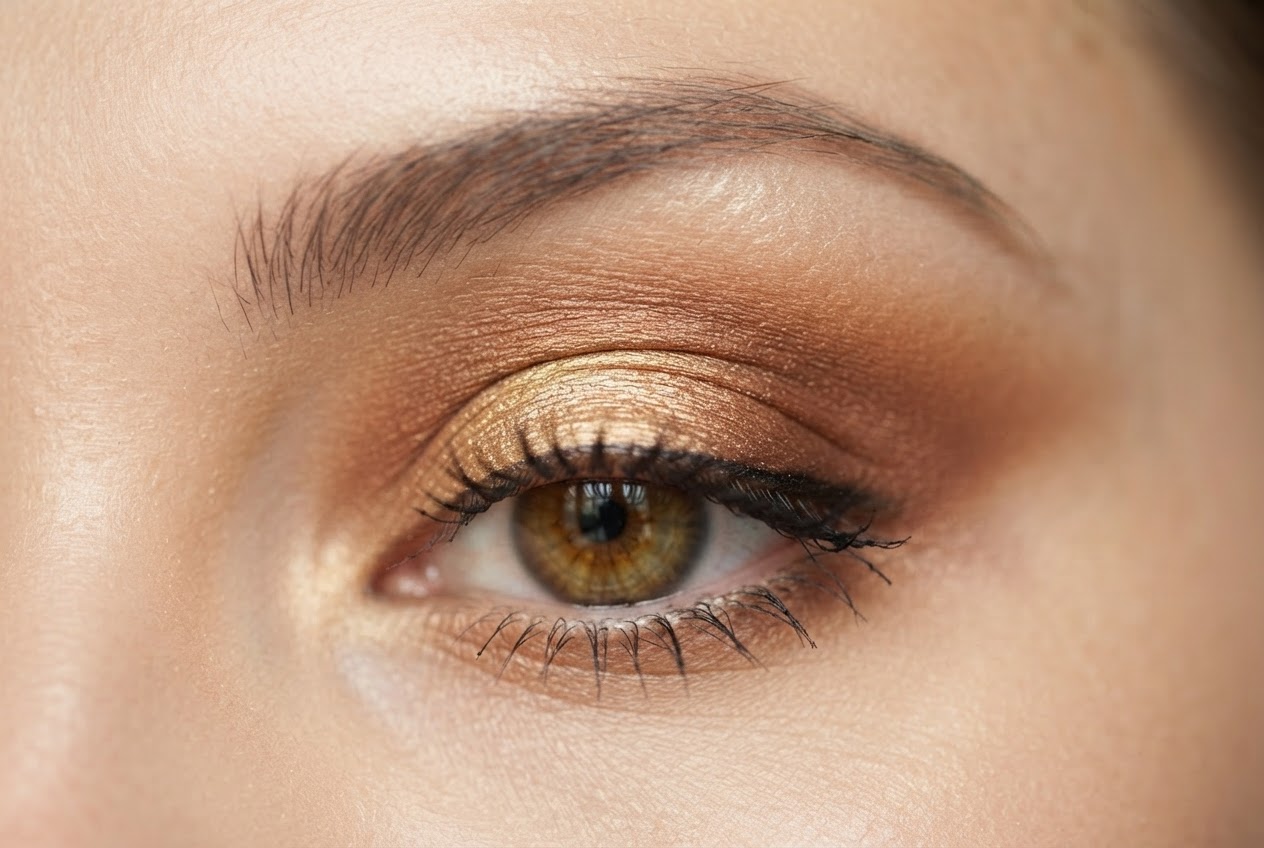 Close-up of a brown eye with shimmery gold and bronze eyeshadow on the lid.