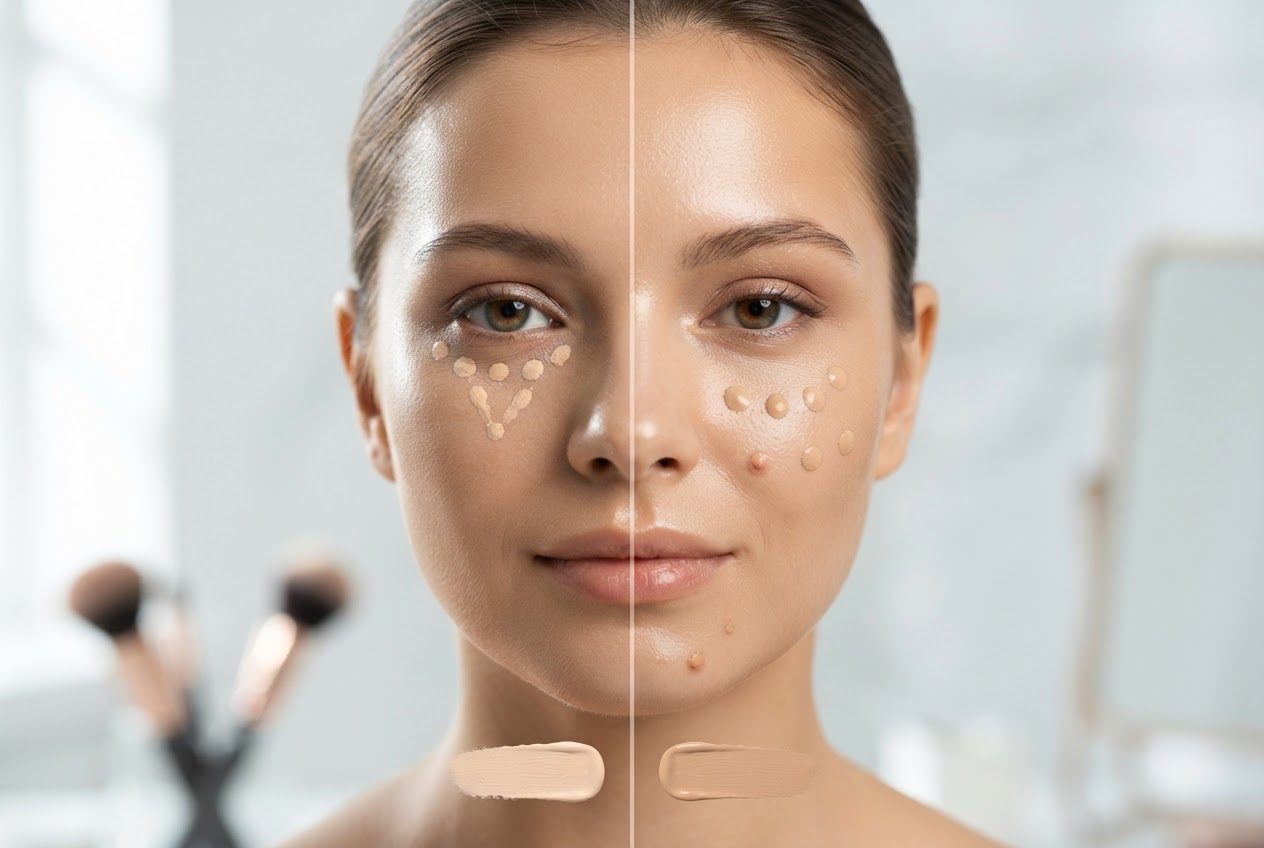 A face with concealer applied under the eyes and on a blemish, with two swatches showing a lighter shade for under eyes and a matching shade for blemishes.