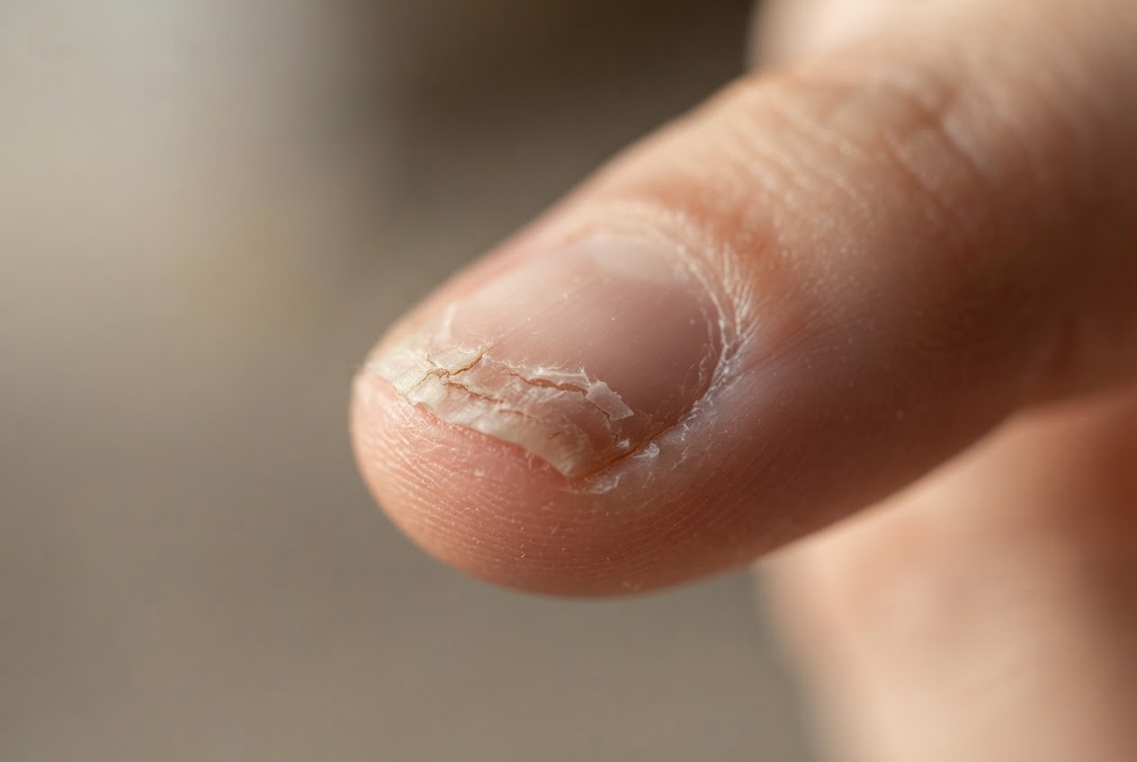 Ein Fingernagel mit einer aufgerauten, splitternden Kante nach dem Feilen mit einer zu groben Feile.