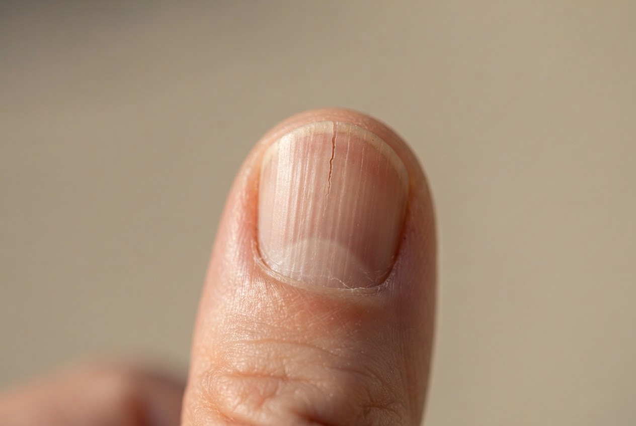 Macro photo of a fingernail with vertical cracks and ridges running from the tip toward the cuticle.