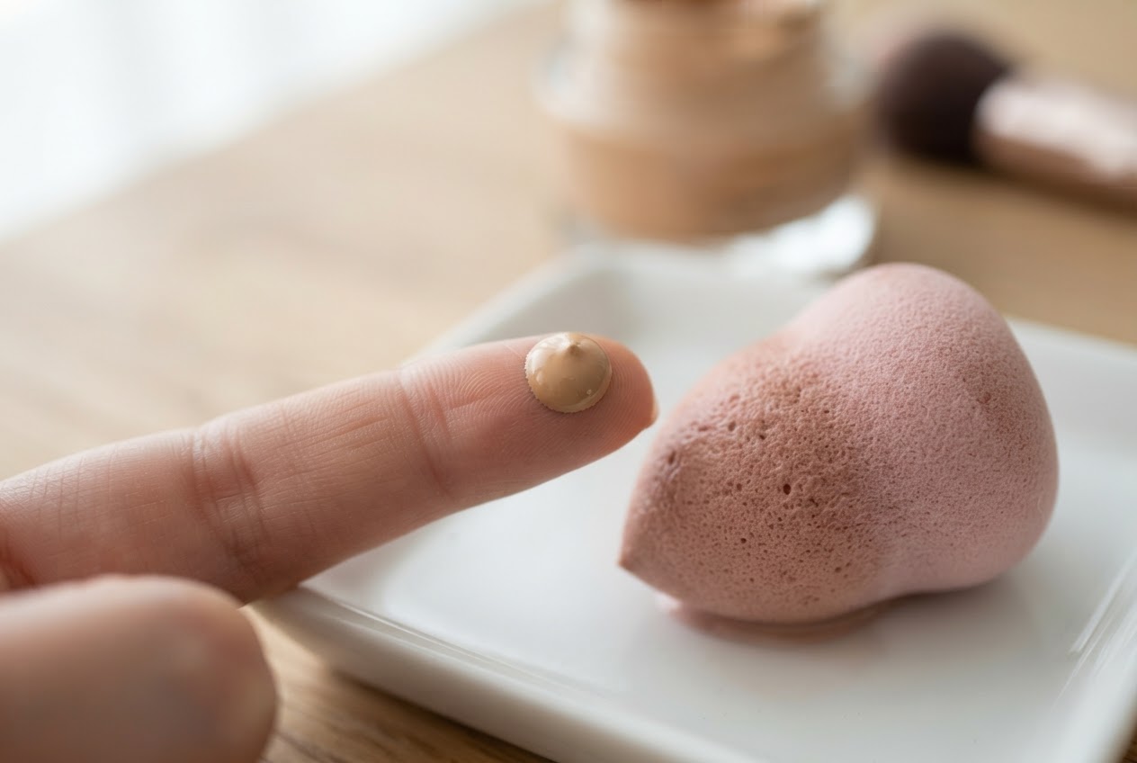 A finger with a pea-sized amount of foundation, next to a damp makeup sponge, on a clean surface.