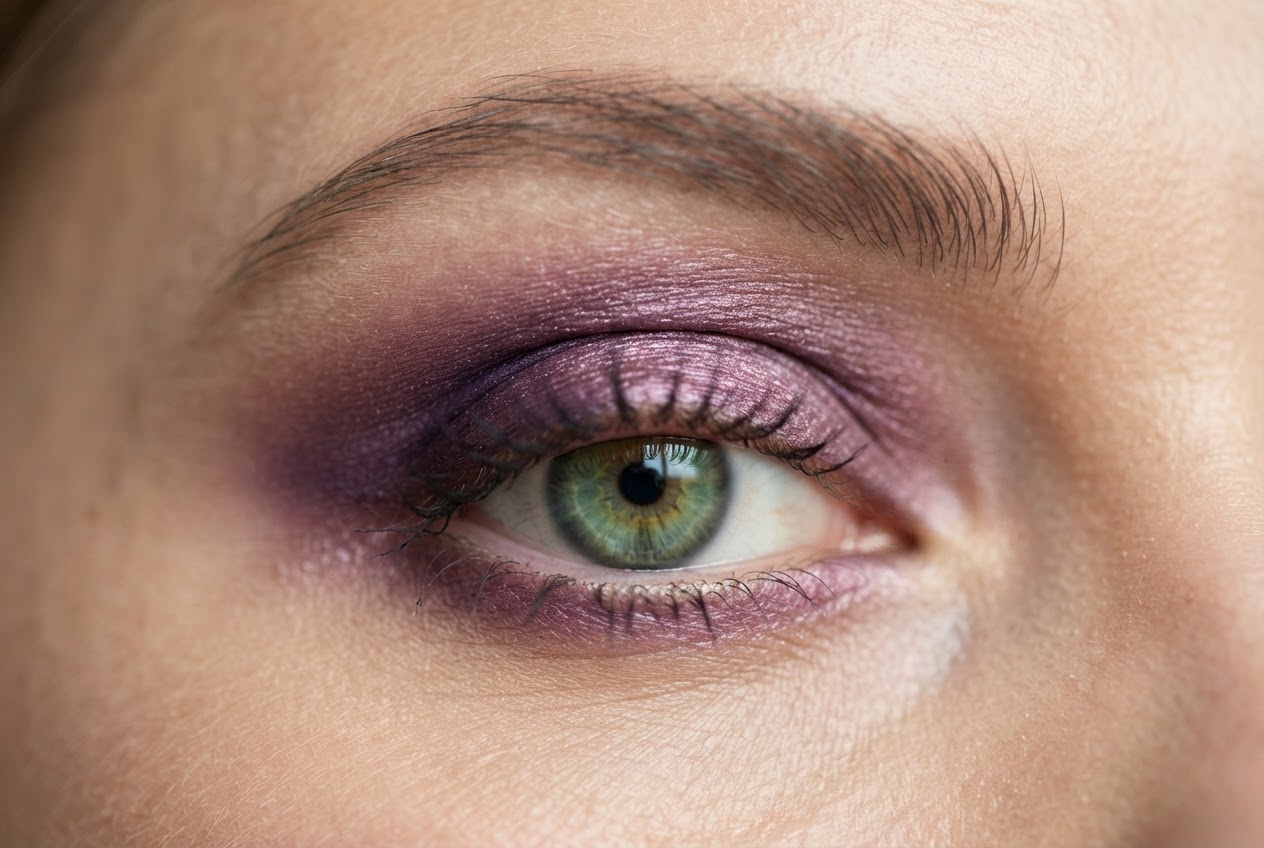 Close-up of a green eye with plum and violet eyeshadow on the lid, blending into the crease.